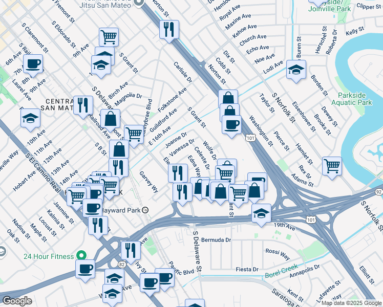 map of restaurants, bars, coffee shops, grocery stores, and more near 653 Edna Way in San Mateo