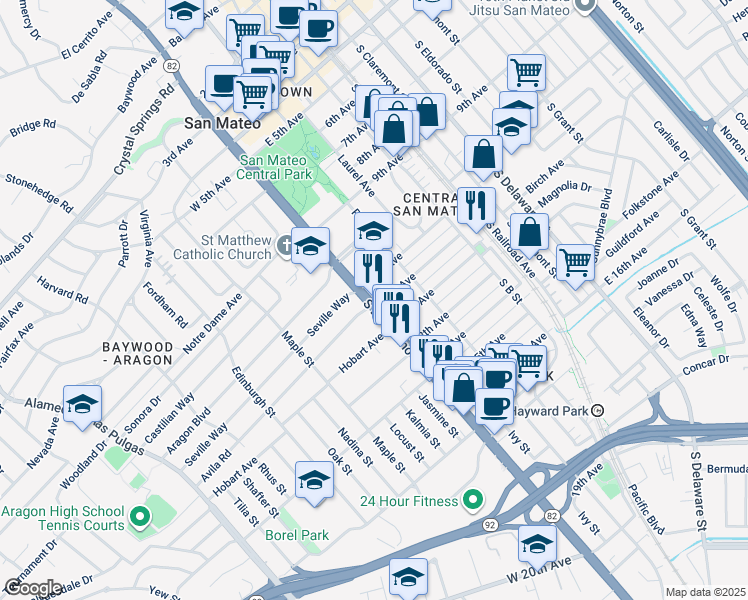 map of restaurants, bars, coffee shops, grocery stores, and more near 1021 California 82 in San Mateo