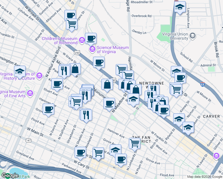 map of restaurants, bars, coffee shops, grocery stores, and more near 2042 West Grace Street in Richmond