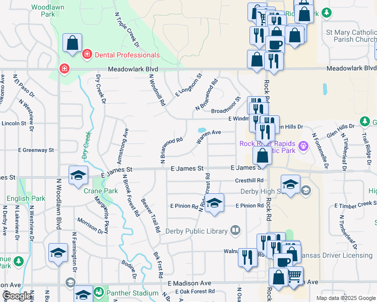 map of restaurants, bars, coffee shops, grocery stores, and more near 1406 East Warren Avenue in Derby