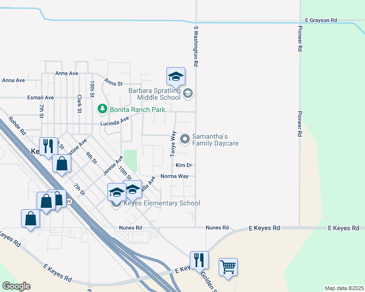 map of restaurants, bars, coffee shops, grocery stores, and more near 4914 Delphina Court in Keyes