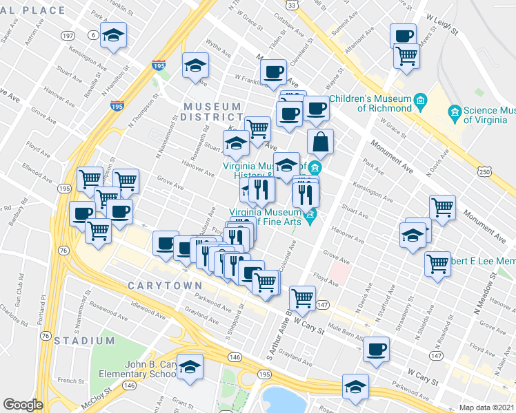 map of restaurants, bars, coffee shops, grocery stores, and more near 206 North Belmont Avenue in Richmond