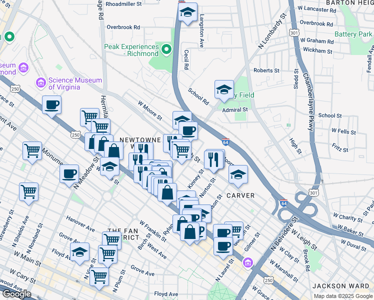 map of restaurants, bars, coffee shops, grocery stores, and more near 1605 West Leigh Street in Richmond