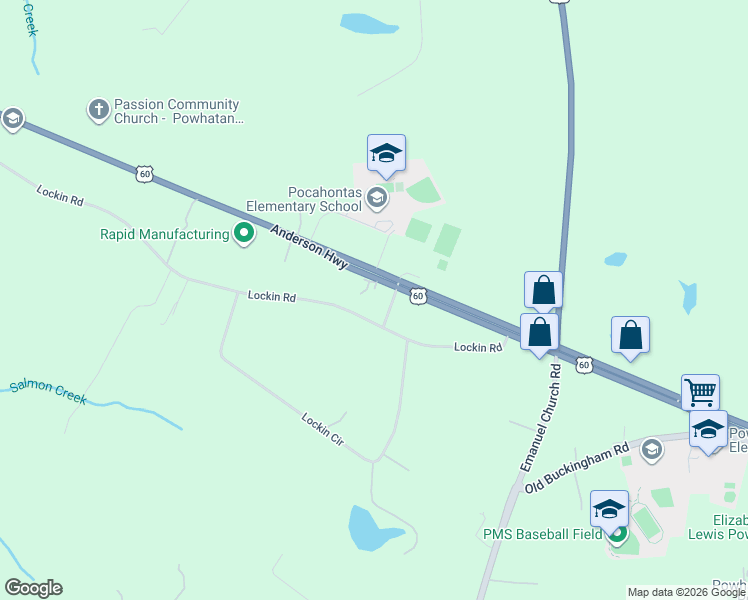 map of restaurants, bars, coffee shops, grocery stores, and more near 4307 Anderson Highway in Powhatan
