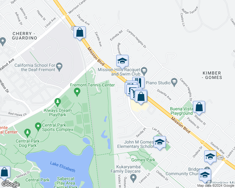 map of restaurants, bars, coffee shops, grocery stores, and more near 39843 San Moreno Court in Fremont
