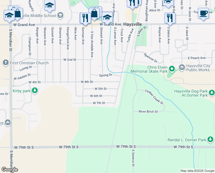 map of restaurants, bars, coffee shops, grocery stores, and more near 340 West 5th Street in Haysville