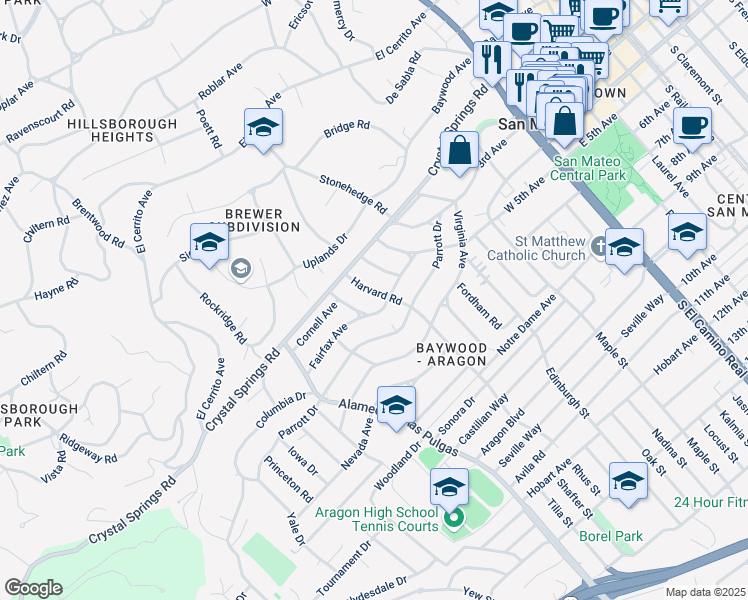 map of restaurants, bars, coffee shops, grocery stores, and more near 248 Harvard Road in San Mateo