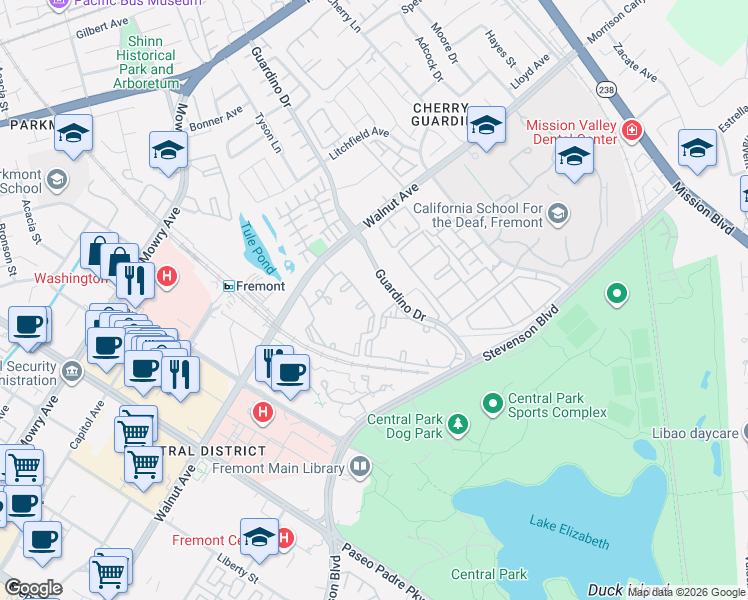 map of restaurants, bars, coffee shops, grocery stores, and more near 39149 Guardino Drive in Fremont