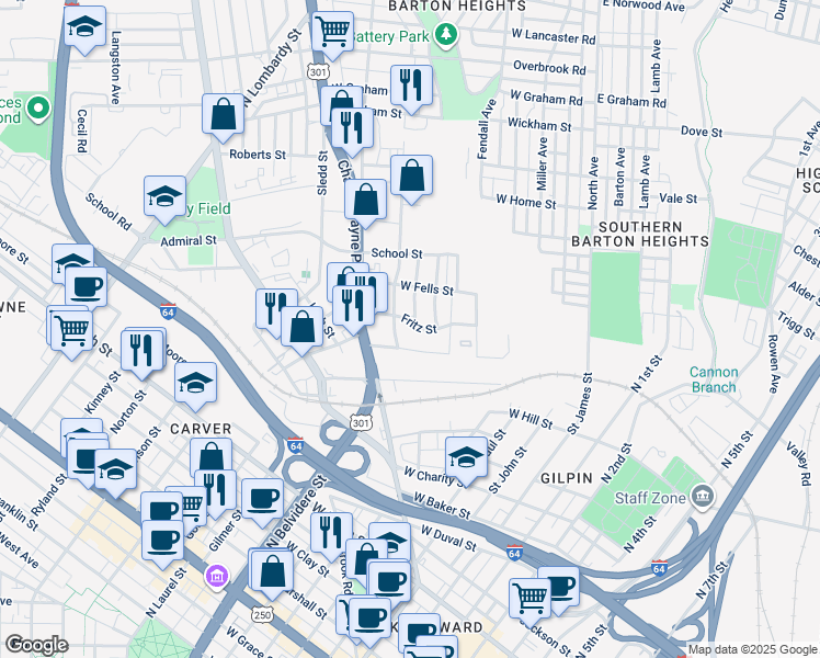 map of restaurants, bars, coffee shops, grocery stores, and more near 527 Fritz Street in Richmond