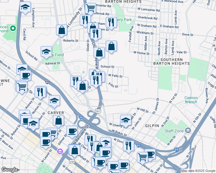 map of restaurants, bars, coffee shops, grocery stores, and more near 527 Fritz Street in Richmond