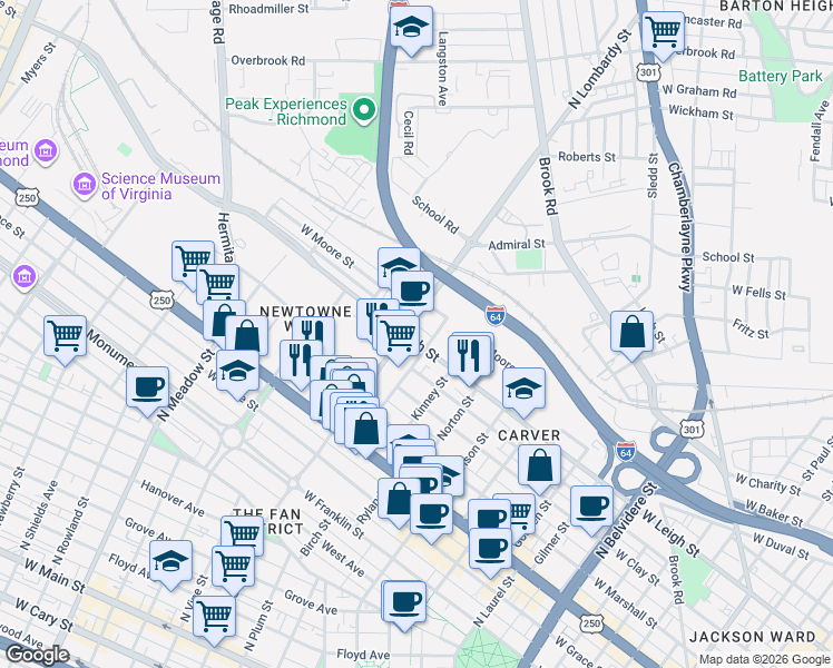 map of restaurants, bars, coffee shops, grocery stores, and more near 1011 North Lombardy Street in Richmond