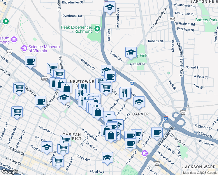 map of restaurants, bars, coffee shops, grocery stores, and more near 1605 West Leigh Street in Richmond