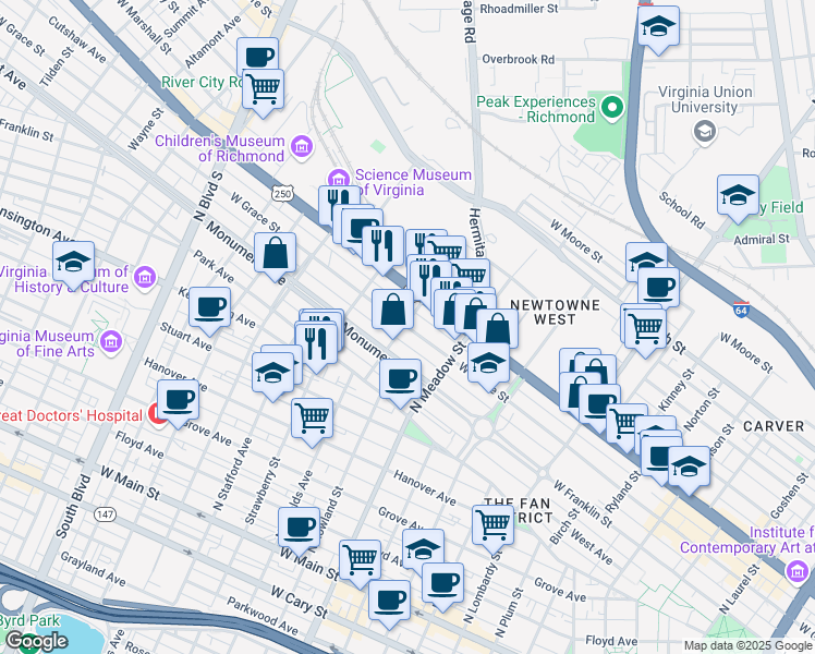 map of restaurants, bars, coffee shops, grocery stores, and more near 2042 West Grace Street in Richmond