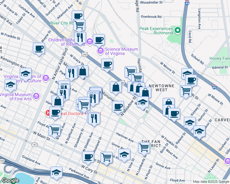 map of restaurants, bars, coffee shops, grocery stores, and more near 2218 Monument Avenue in Richmond