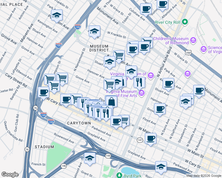 map of restaurants, bars, coffee shops, grocery stores, and more near 3200 Grove Avenue in Richmond