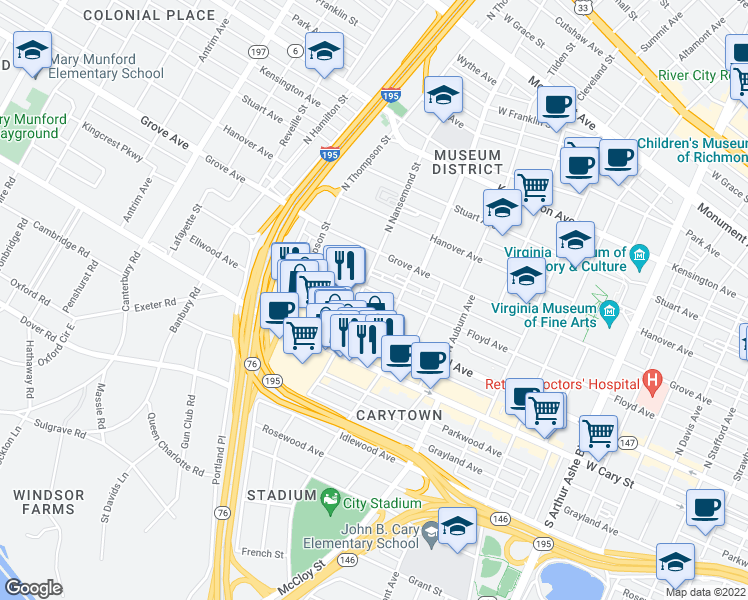 map of restaurants, bars, coffee shops, grocery stores, and more near 19 North Nansemond Street in Richmond