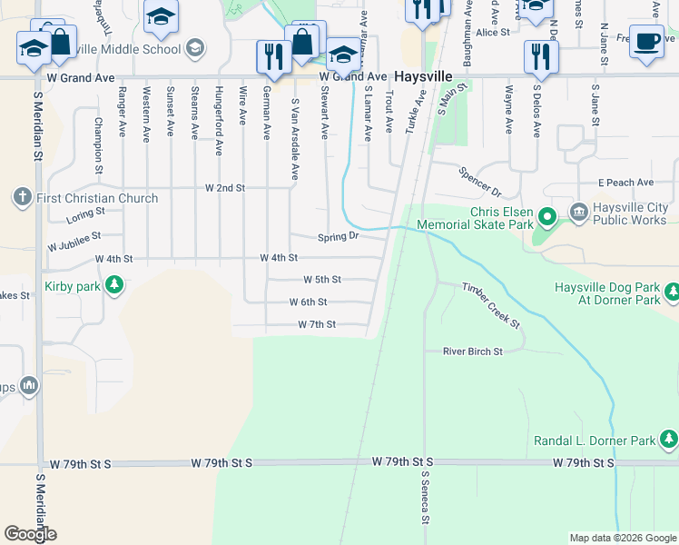 map of restaurants, bars, coffee shops, grocery stores, and more near 340 West 5th Street in Haysville