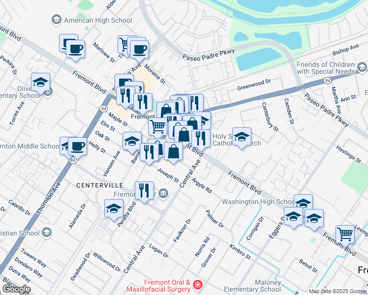 map of restaurants, bars, coffee shops, grocery stores, and more near 37471 Fremont Boulevard in Fremont