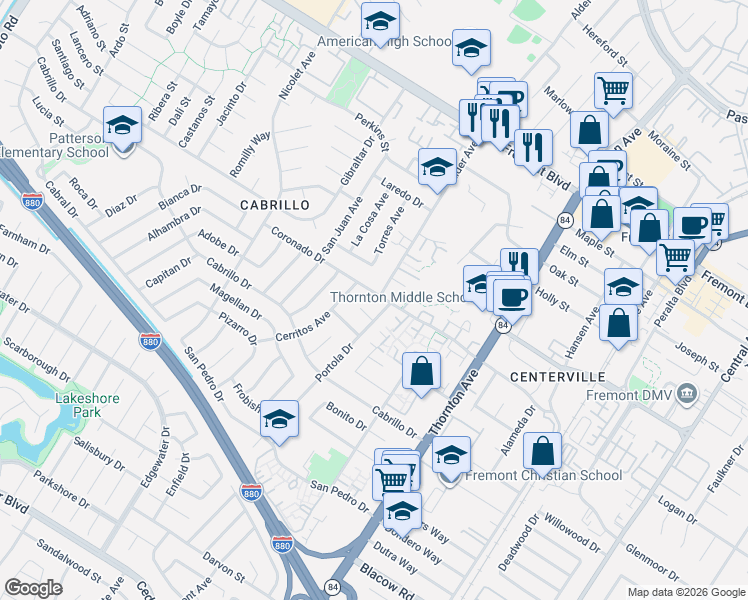map of restaurants, bars, coffee shops, grocery stores, and more near 36515 Coronado Drive in Fremont