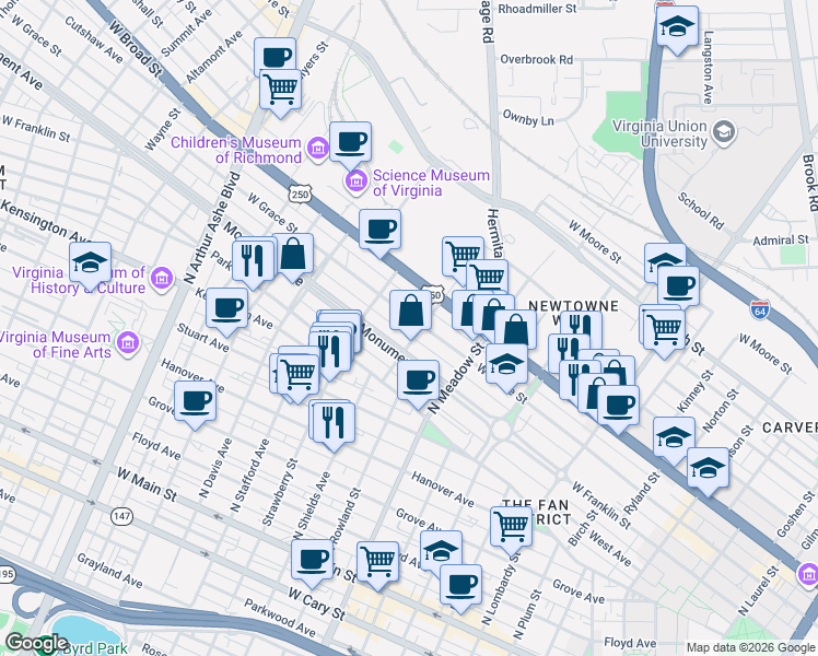 map of restaurants, bars, coffee shops, grocery stores, and more near 2042 West Grace Street in Richmond
