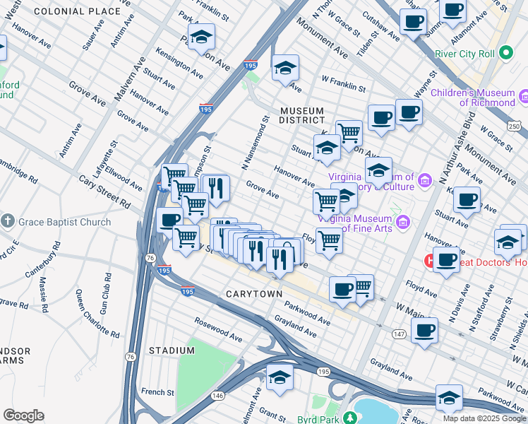 map of restaurants, bars, coffee shops, grocery stores, and more near 3318 Floyd Avenue in Richmond