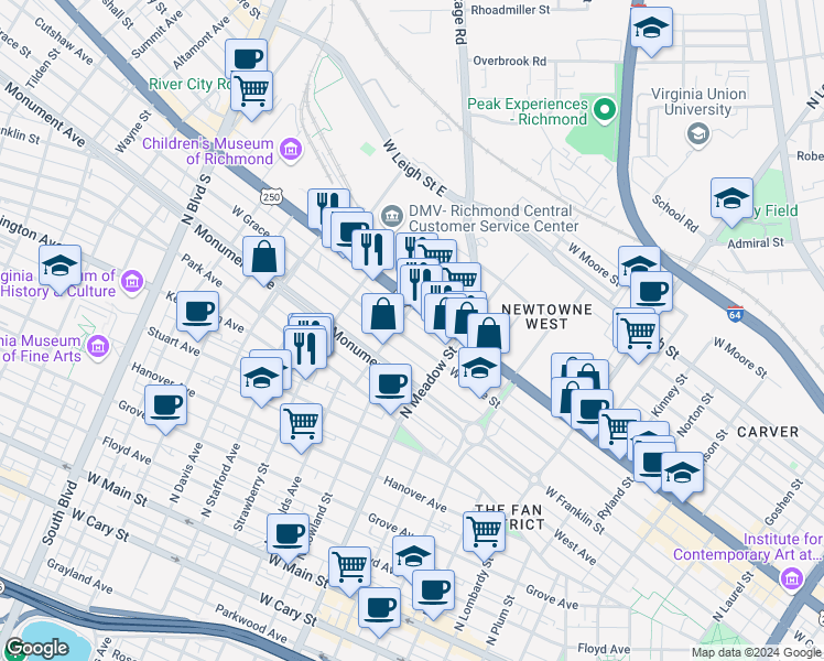 map of restaurants, bars, coffee shops, grocery stores, and more near 2034 West Grace Street in Richmond