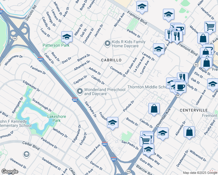 map of restaurants, bars, coffee shops, grocery stores, and more near 36223 Cabrillo Drive in Fremont