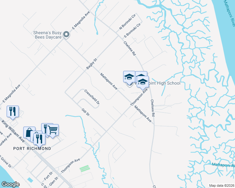 map of restaurants, bars, coffee shops, grocery stores, and more near 2750 Mattaponi Avenue in West Point