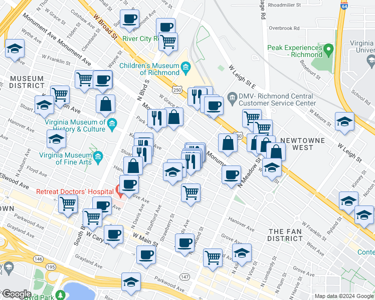 map of restaurants, bars, coffee shops, grocery stores, and more near 2322 Park Avenue in Richmond