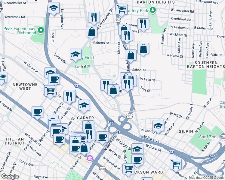 map of restaurants, bars, coffee shops, grocery stores, and more near 1521 Brook Road in Richmond