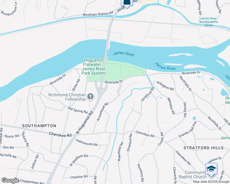 map of restaurants, bars, coffee shops, grocery stores, and more near 4600 Oxford Parkway in Richmond