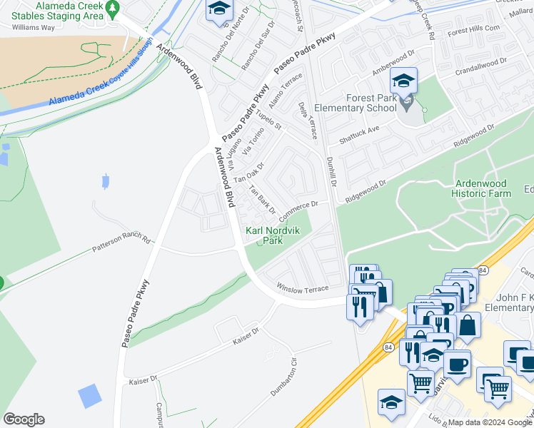 map of restaurants, bars, coffee shops, grocery stores, and more near 6004 Pisa Terrace in Fremont