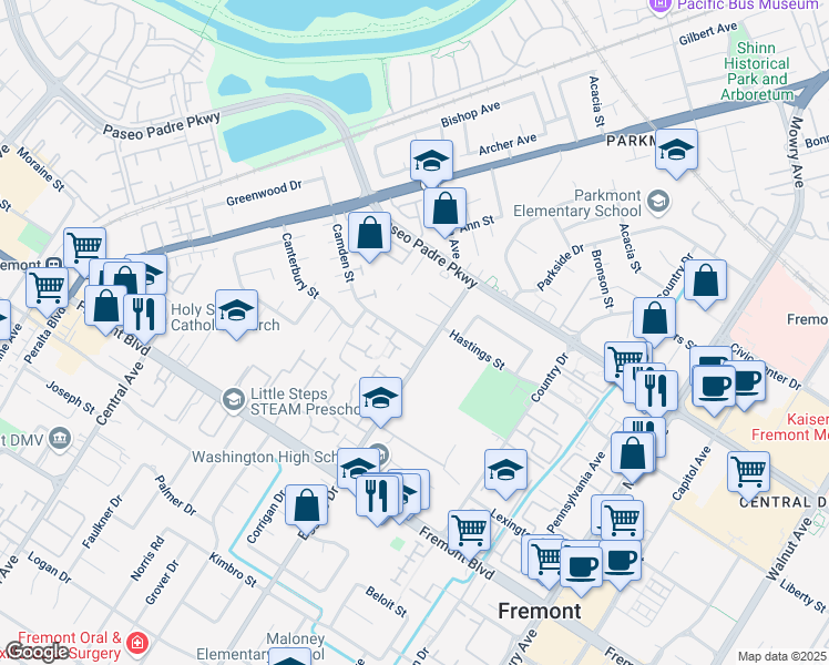 map of restaurants, bars, coffee shops, grocery stores, and more near 38184 Camden Street in Fremont
