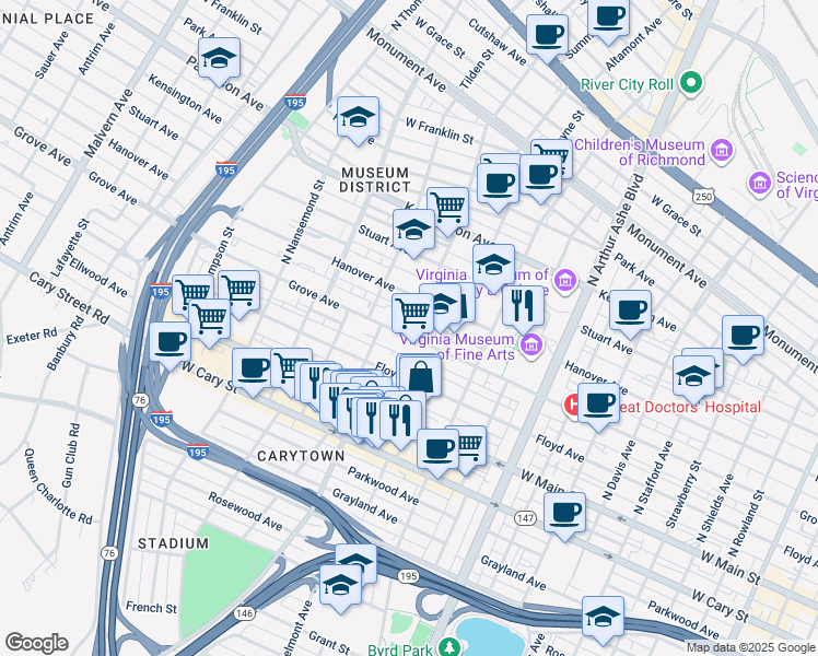 map of restaurants, bars, coffee shops, grocery stores, and more near 3200 Grove Avenue in Richmond