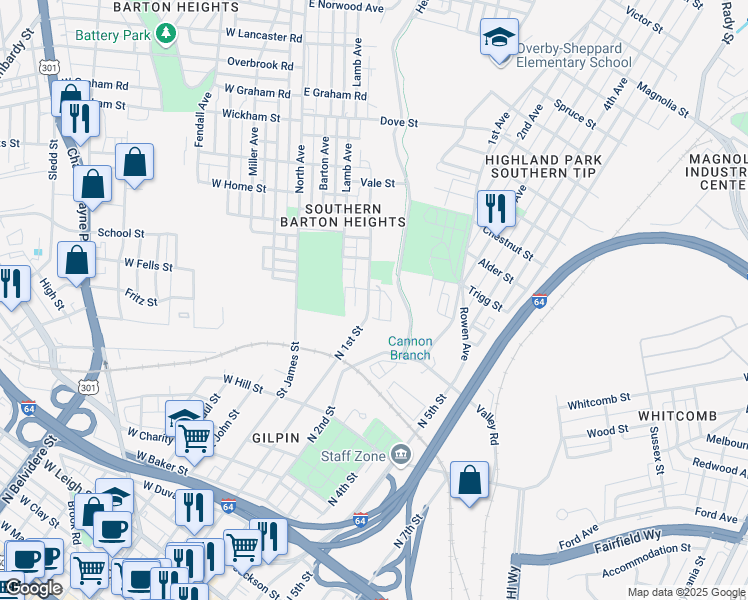 map of restaurants, bars, coffee shops, grocery stores, and more near 1613 Monteiro Street in Richmond