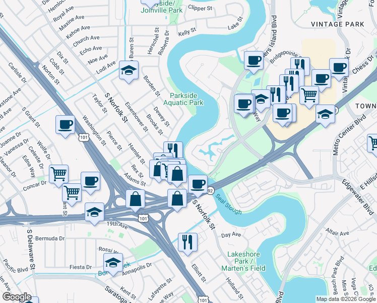 map of restaurants, bars, coffee shops, grocery stores, and more near 1090 Shoreline Drive in San Mateo