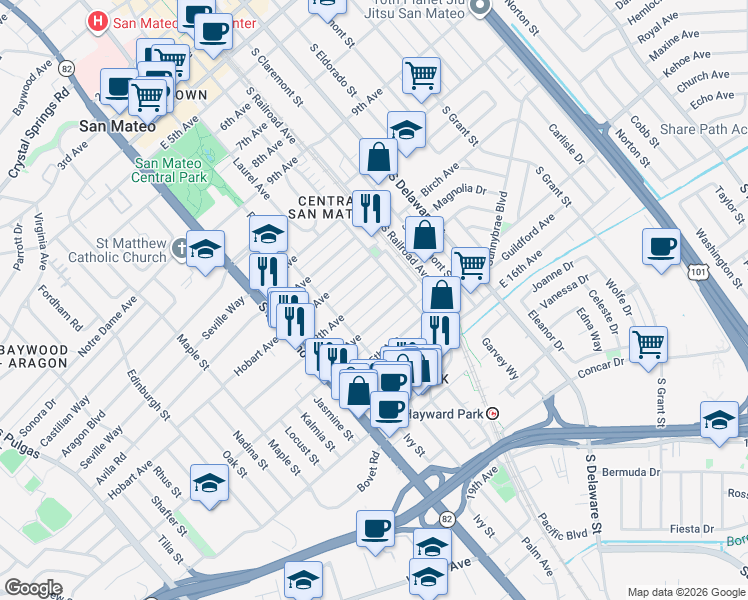 map of restaurants, bars, coffee shops, grocery stores, and more near 140 13th Avenue in San Mateo