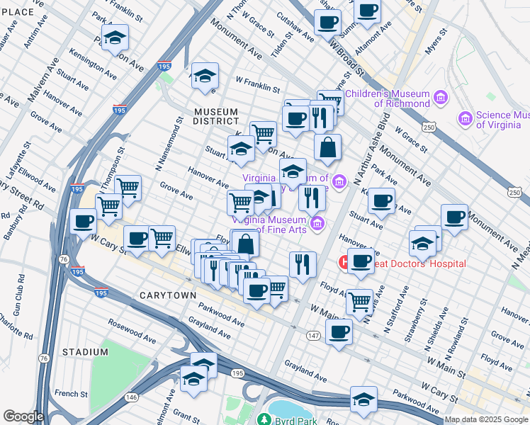 map of restaurants, bars, coffee shops, grocery stores, and more near 210 North Belmont Avenue in Richmond