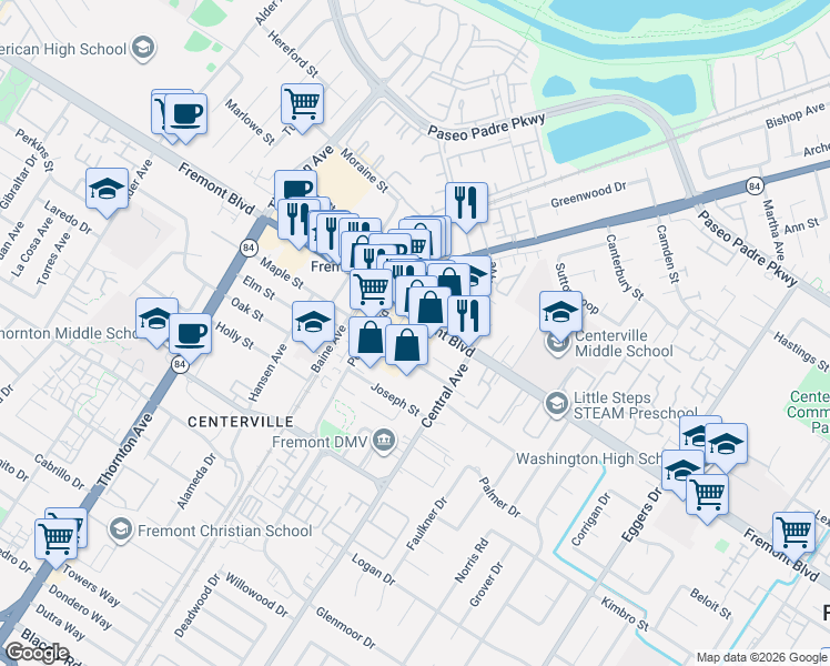 map of restaurants, bars, coffee shops, grocery stores, and more near 37408 Hazel Terrace in Fremont