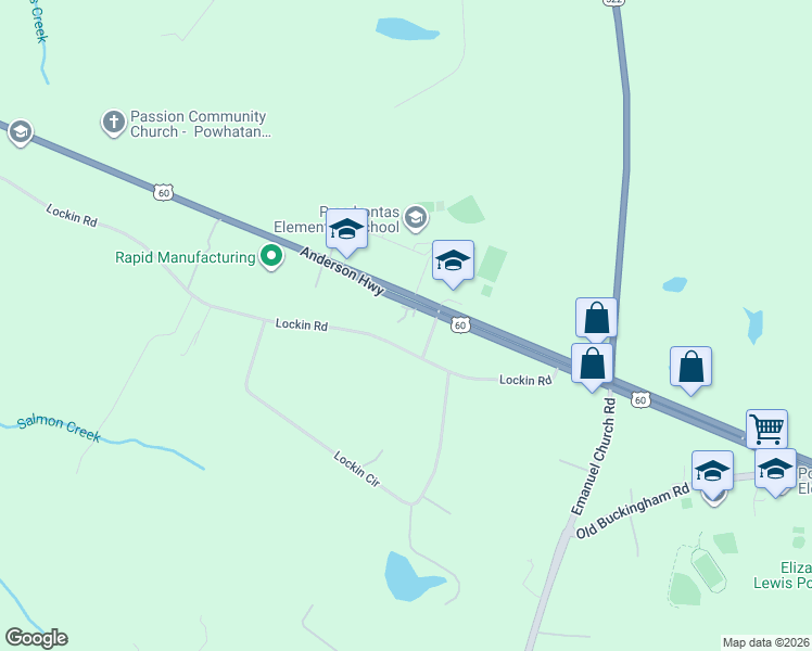 map of restaurants, bars, coffee shops, grocery stores, and more near 4307 Anderson Highway in Powhatan