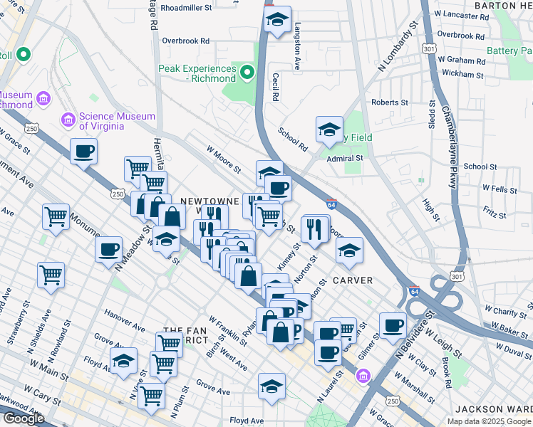map of restaurants, bars, coffee shops, grocery stores, and more near 1605 West Leigh Street in Richmond
