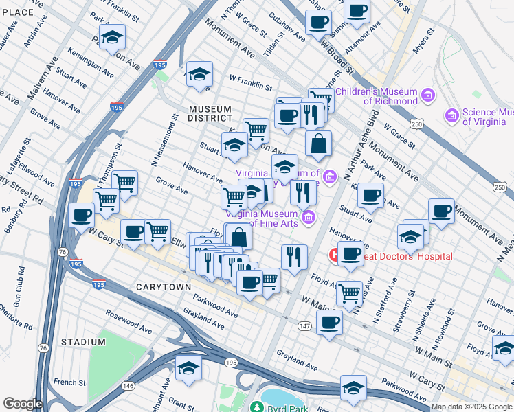 map of restaurants, bars, coffee shops, grocery stores, and more near 210 North Belmont Avenue in Richmond