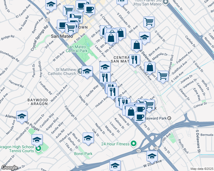 map of restaurants, bars, coffee shops, grocery stores, and more near 1021 South El Camino Real in San Mateo