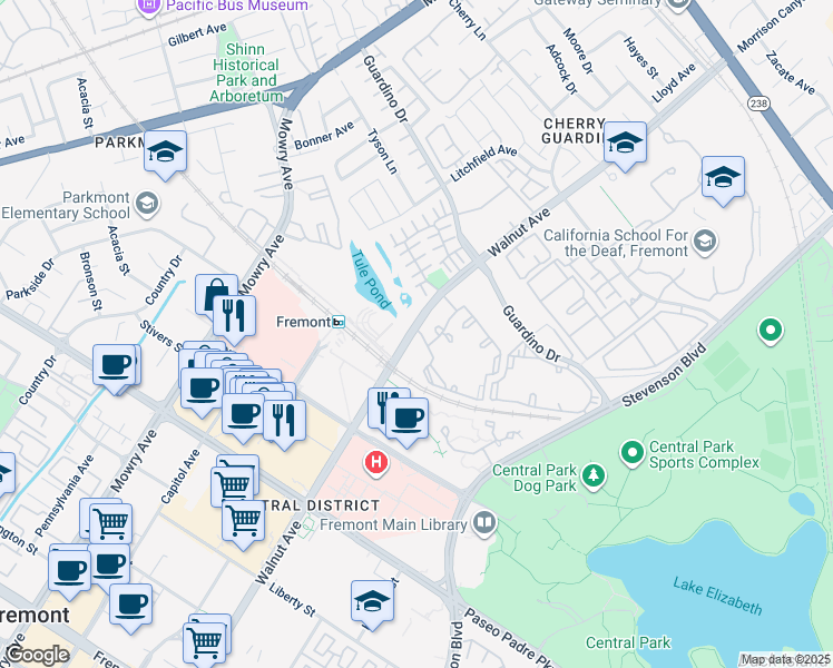 map of restaurants, bars, coffee shops, grocery stores, and more near 1999 Walnut Avenue in Fremont