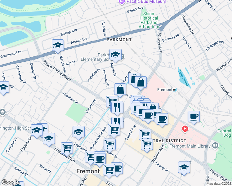 map of restaurants, bars, coffee shops, grocery stores, and more near 2500 Country Drive in Fremont