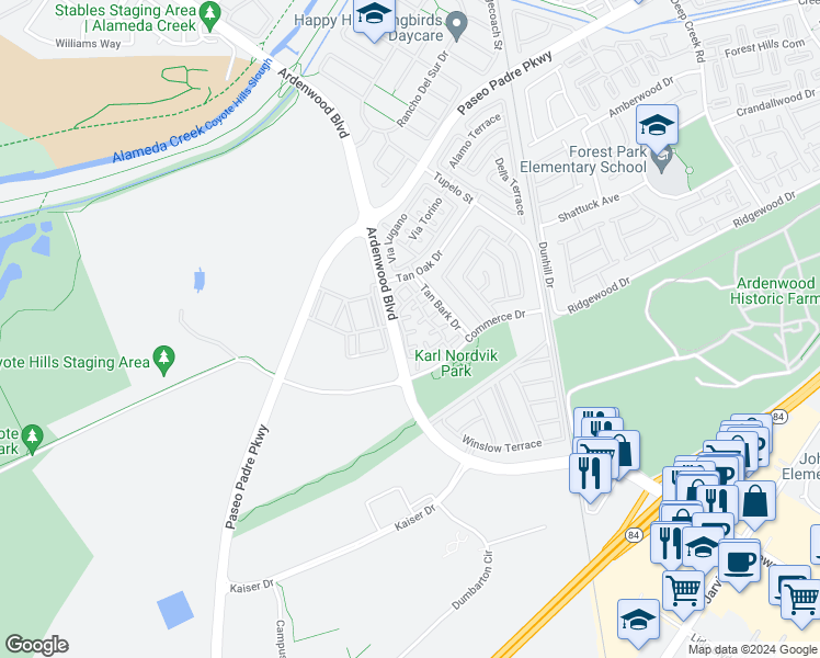 map of restaurants, bars, coffee shops, grocery stores, and more near 6103 Sienna Terrace in Fremont