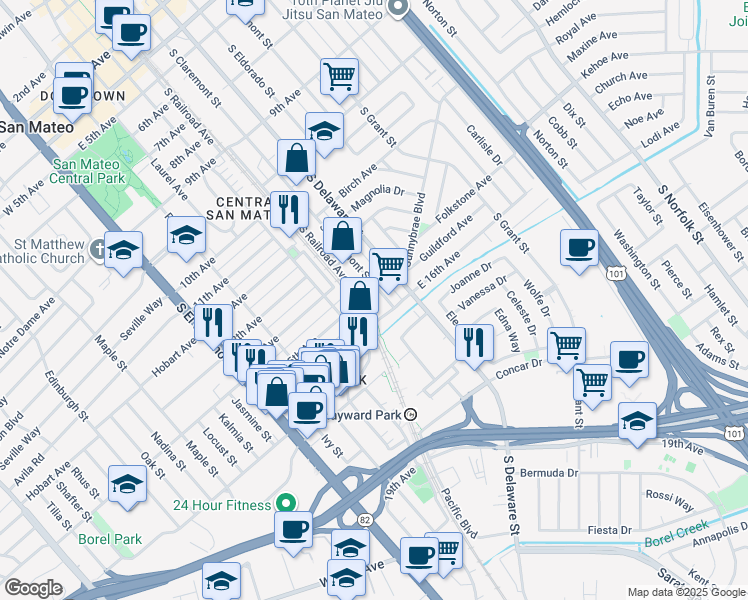map of restaurants, bars, coffee shops, grocery stores, and more near 1512 South Claremont Street in San Mateo
