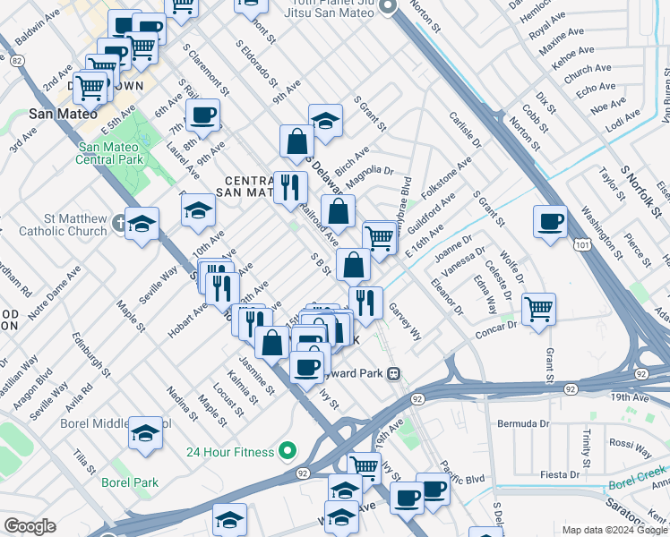 map of restaurants, bars, coffee shops, grocery stores, and more near 1408 South B Street in San Mateo