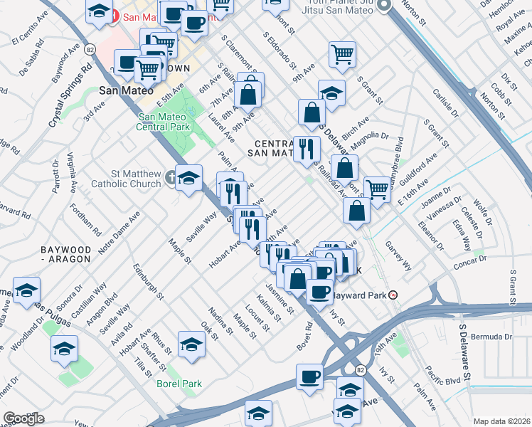map of restaurants, bars, coffee shops, grocery stores, and more near 37 12th Avenue in San Mateo