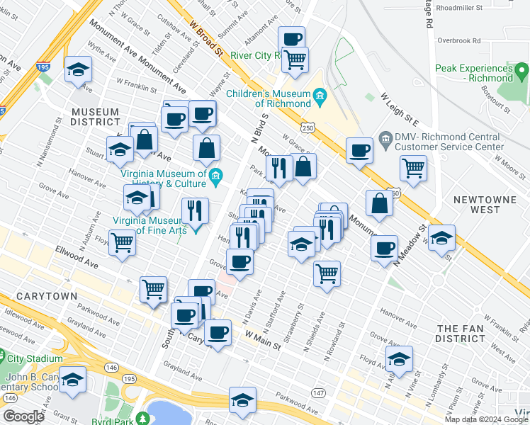 map of restaurants, bars, coffee shops, grocery stores, and more near 408 North Robinson Street in Richmond